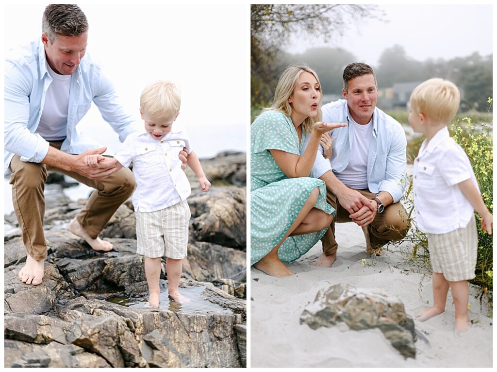 Family putting their toes in the water at the beach in Rye NH and picking yellow flowers with NH Family Photographer Kathleen Jablonski Photography.