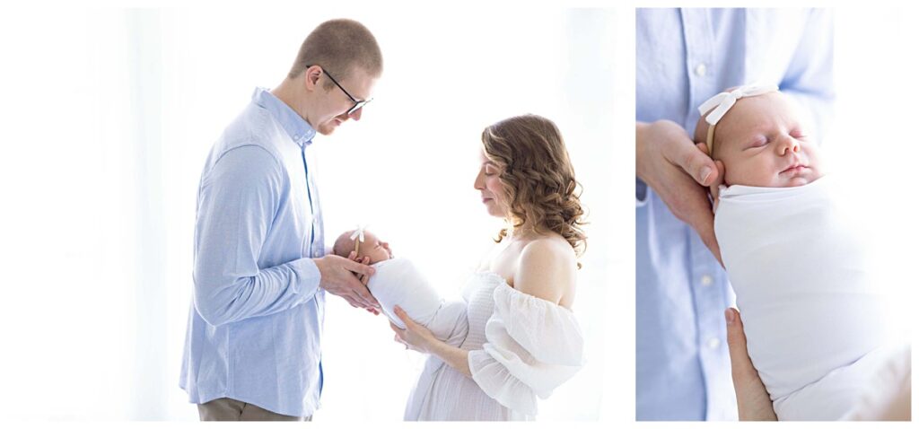 Newborn Baby is cradled in the arms of her parents during NH newborn session.