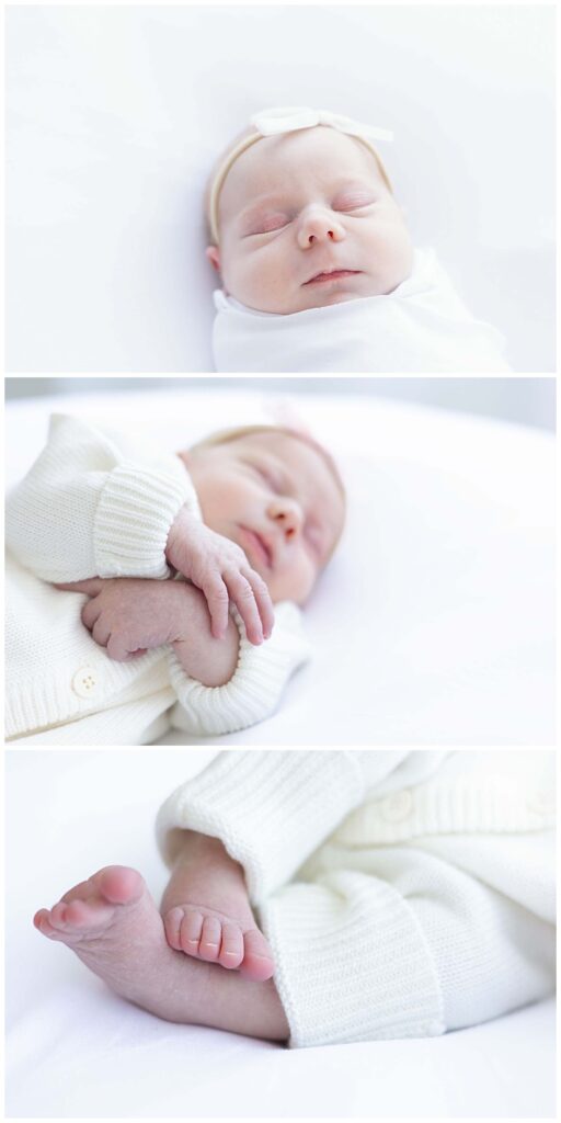 Newborn baby profile, hands and feet wearing all white.