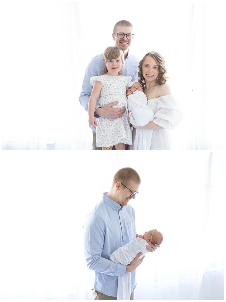 Family of four getting their first portraits at Manchester NH Newborn Photo session at Kathleen Jablonski Photography studio. 