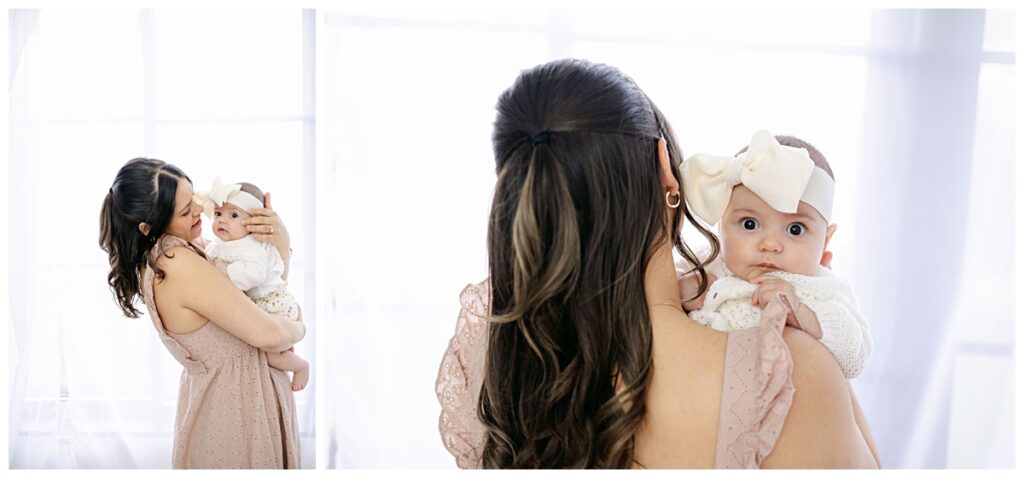 Two side by side images of a young mother with her newborn baby wearing a large white bow.