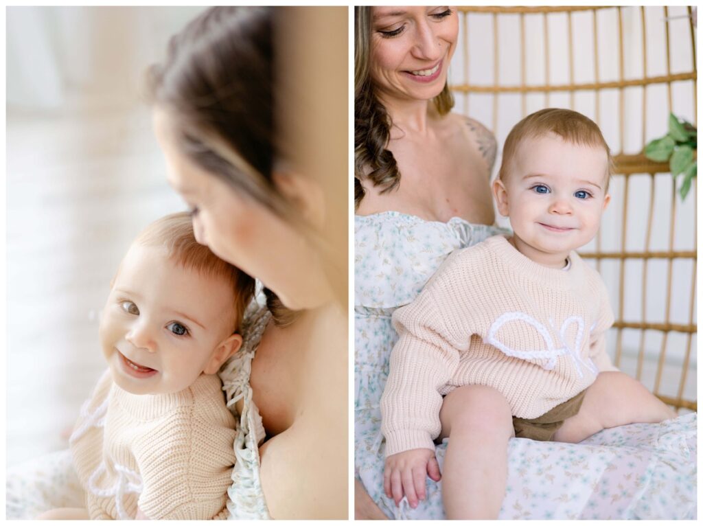 Mother and child snuggle celebrating baby's first birthday with a portrait session and cake smash. 