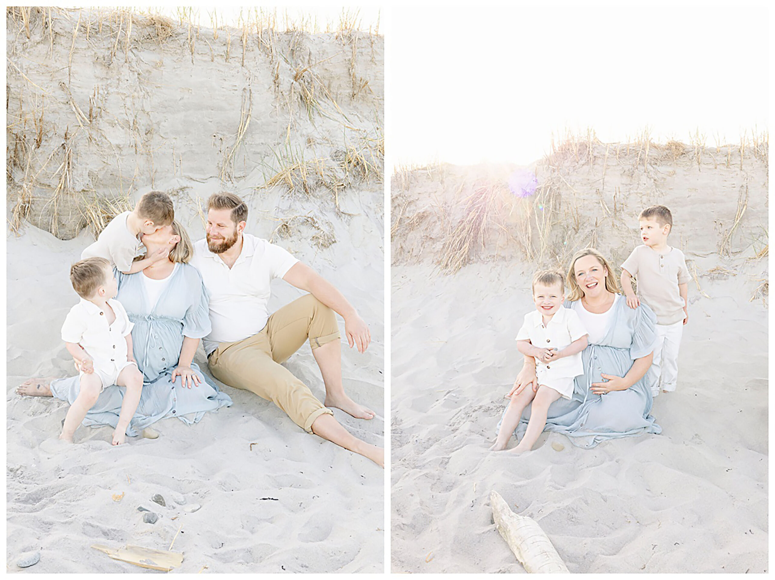 Mother and her toddler boys holding her pregnant belly talking about birthing centers New Hampshire plan.