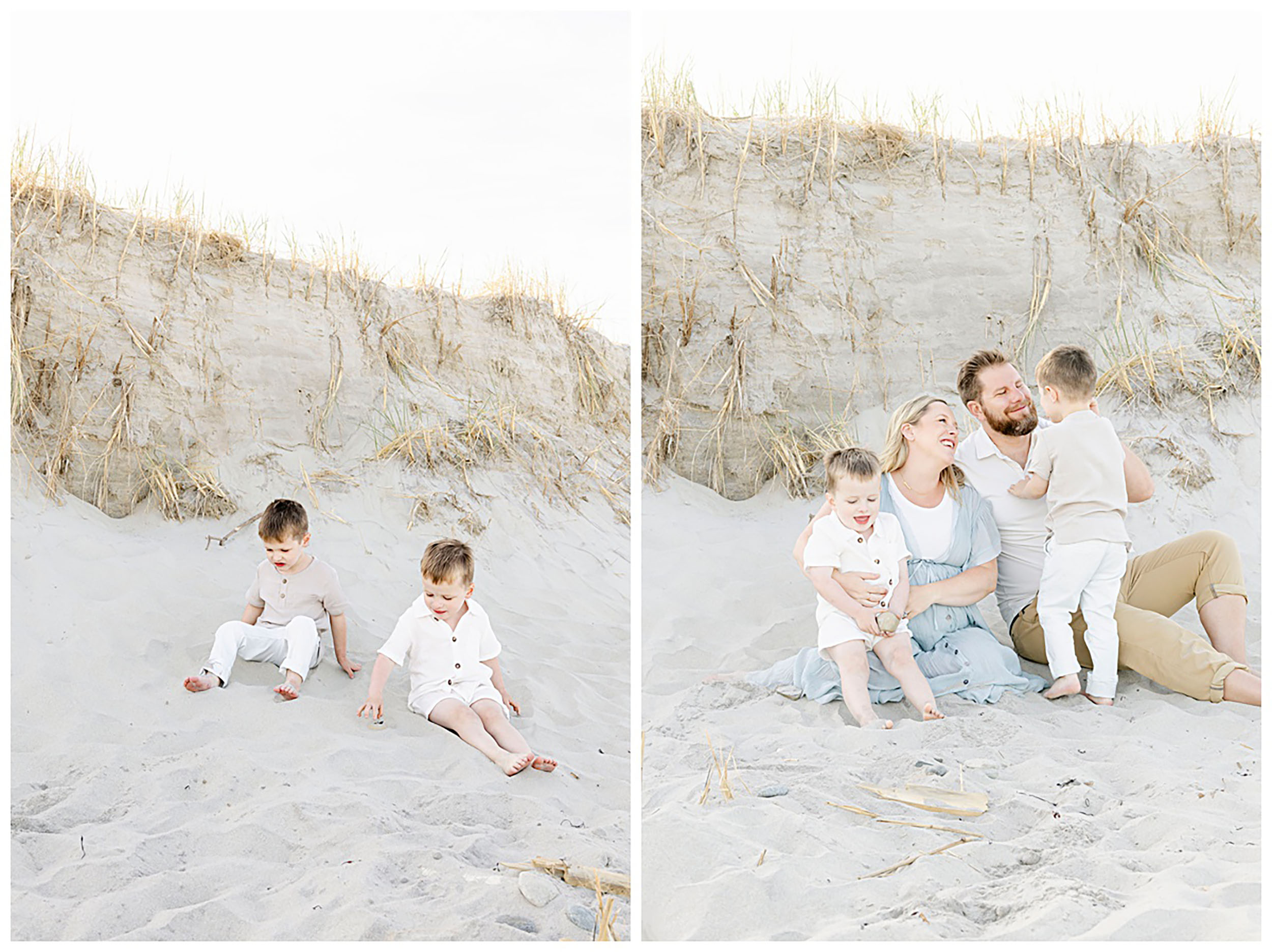 Smiling toddlers with their mother and father playing in sand during family session with Kathleen Jablonski Photography.