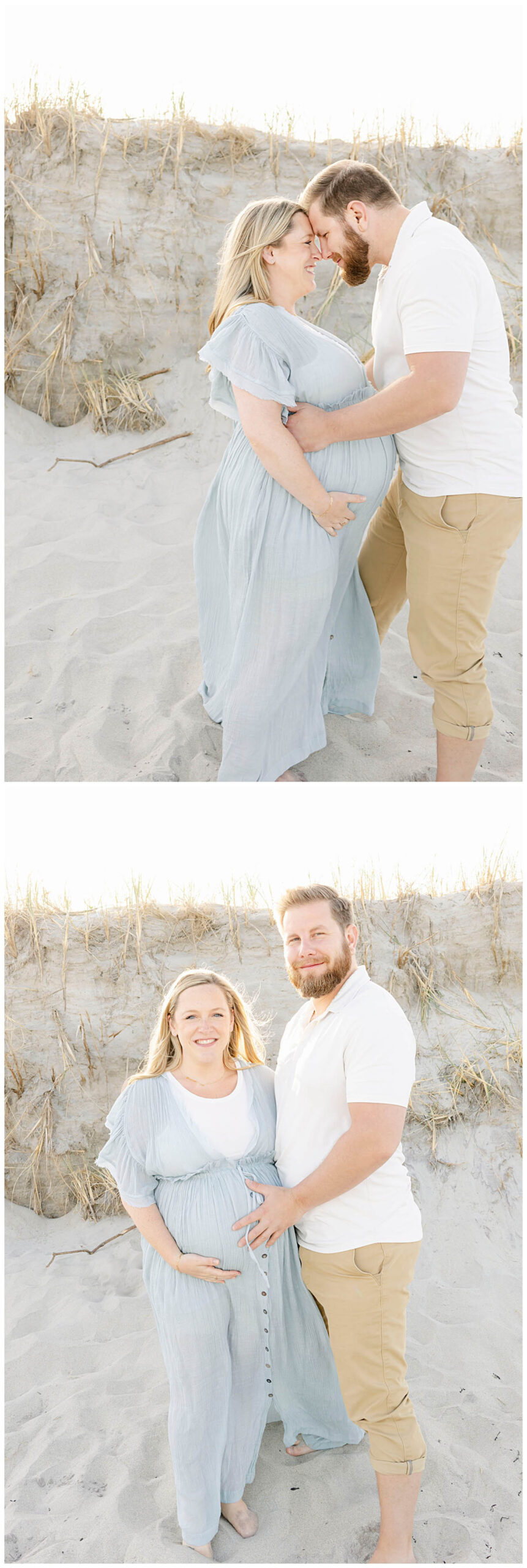 Husband holding wife's pregnant belly at beach session with Kathleen Jablonski Photography.
