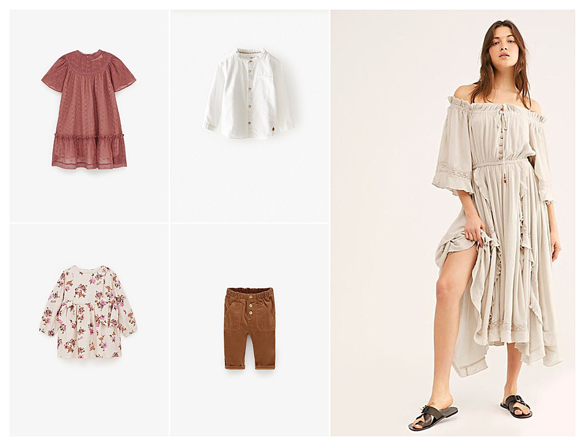 Style board created by Kathleen Jablonski Photography with muted colors, dress by Free People and kid outfits from Zara. 